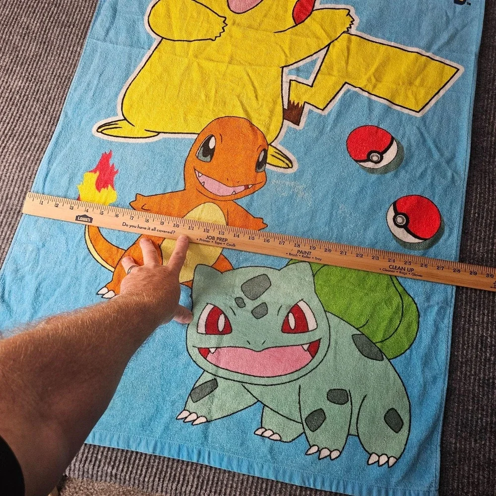Pokemon Blue Beach Towel 28x55 Pikachu Charmander Squirtle Bulbasaur Cotton